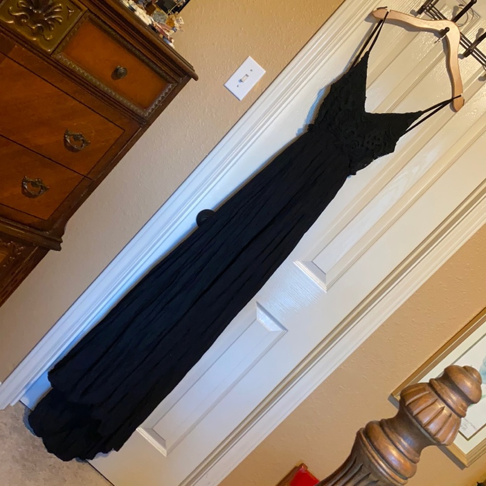 Empire style black eyelet long flowing dress with open back